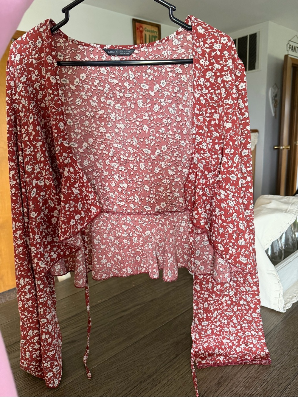 Floral Tie-Front Crop Top in Rust Red and White Florals